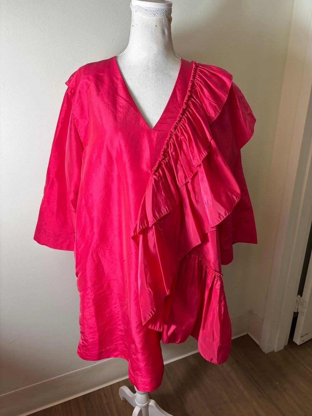 Stine Goya Hot Pink Ruffle Shift Dress Sz M